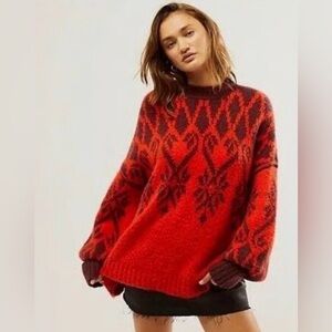 Free People Fireside Tunic in Red/Orange Black/Brown Sweater NWT